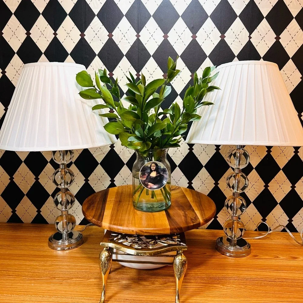 Ralph Lauren Pair‎ Table Lamps Crystal Balls Farrah– Silver Base Elegance Luxury
